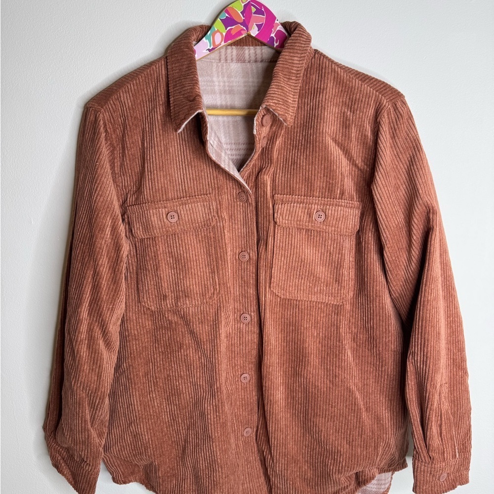 Love Tree | Reversible Corduroy Button-Up Jacket - Dark Orange, and Pink Plaid - Picture 2 of 14